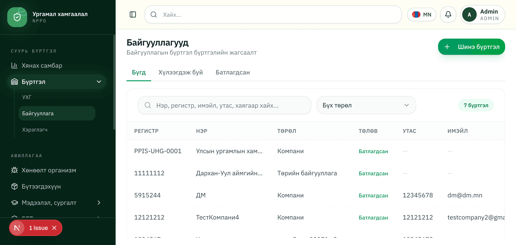 Зураг 4. Бүртгэл → Байгууллага жагсаалт, хайлт, төлөвийн шүүлтүүр.